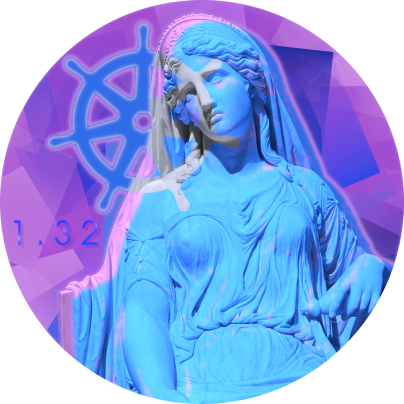 Kubernetes v1.32 logo: Penelope from the Odyssey, a helm and a purple geometric background